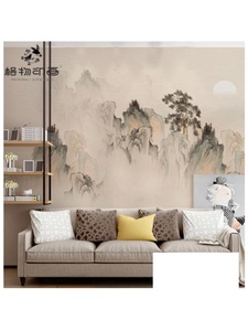 中式抽象山水电视背景墙卧室背景客厅背景壁画大型定制茶室壁纸