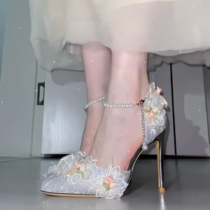 lolita成人礼18岁珍珠链水晶高跟鞋子设计感仙女婚礼银色法式婚鞋