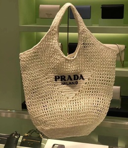 正品代购春夏新款Prada编织拉菲草包手提包普拉达女包大容量包包