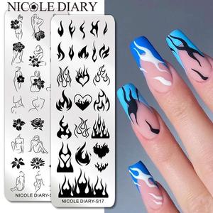 。NICOLE DIARY Fire Flower Nail Stamping Plates Sexy Girl Lo