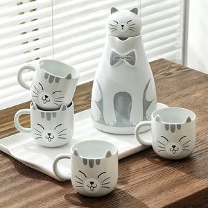 陶瓷冷水壶家用喝水杯套装耐热带托盘北欧凉水壶礼盒装猫咪卡通杯