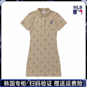韩国MLB连衣裙女翻领新款满印复古polo衫短袖休闲春夏中长款T恤潮