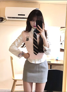 韩系学院风jk制服套装女衬衫浅粉针织马甲包臀裙小个子修身三件套