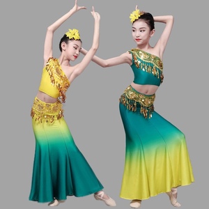 儿童傣族舞蹈服幼儿孔雀舞演出服女童弹力鱼尾裙少儿民族表演服装