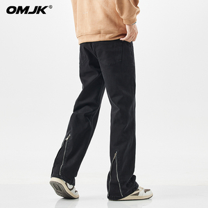 OMJK美式复古黑色弹力牛仔裤男直筒宽松后拉链设计小众vibe风裤子