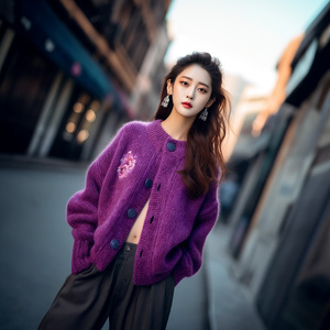 专柜商场撤回大牌外贸女装新中式国风绝美紫色开衫毛衣外套上衣女