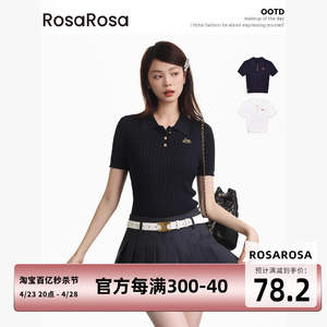 RosaRosa 麻花针织衫polo领短袖2024夏季新款开衩纽扣织带T恤女