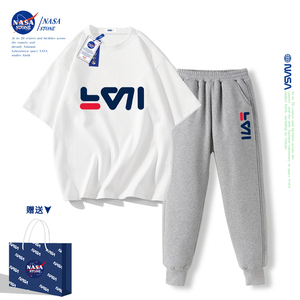 NASA男童夏装套装2024新款薄款洋气中大童男孩短袖纯棉长裤两件套
