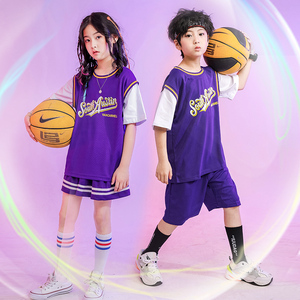 儿童球服女生篮球背心假两件嘻哈街舞表演服男潮牌运动球衣套装夏