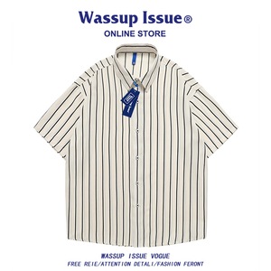 WASSUP ISSUE条纹短袖衬衫男夏季男装沙滩情侣宽松休闲印花衬衣男