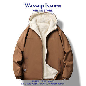 WASSUP ISSUE羊羔绒夹克外套男款冬季潮牌棉衣加绒加厚冬装棉服男