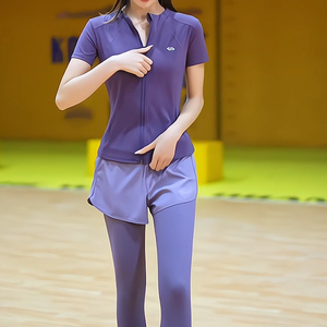 紫色透气吸汗运动套装夏季新款修身显瘦速干瑜伽服套装女健身套装