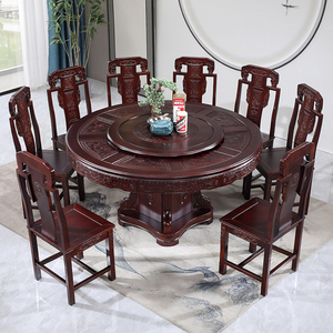中式全实木餐桌椅组合仿古雕花酒店大圆桌橡木带转盘家用吃饭桌子