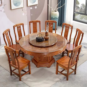全实木花梨木餐桌椅组合菠萝格木仿古雕花家用吃饭桌带转盘大圆桌