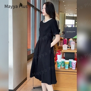 麦芽/Mayya  小香赫本风黑色连衣裙女2024春夏季新款显瘦珍珠短袖