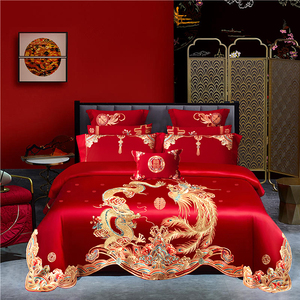 100支长绒棉贡缎精品重绣婚庆四件套大红结婚新婚房喜被床上用品