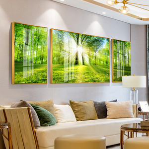 现代森林风景客厅沙发装饰墙画餐厅卧室树木树林阳光小路三联挂画