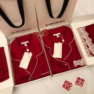 AMYDIMO睡衣酒红缎面礼盒套装送本命年情人节圣诞节情侣婚礼礼物