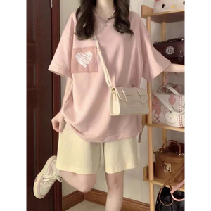 粉色减龄运动套装女夏季短袖短裤宽松显瘦韩版学生休闲两件套纯棉