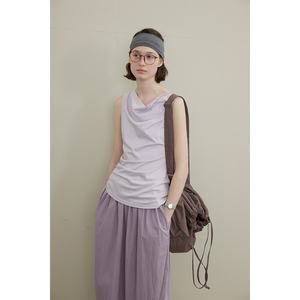 moofeel桑蚕丝针织背心女2024夏气质收腰堆堆领无袖紫色法式上衣