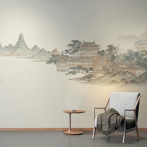 新中式古典山水建筑墙纸茶室卧室客厅素雅墙布民宿背景墙装饰壁纸