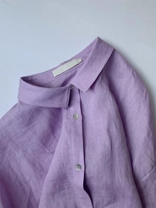 2024夏季宽松显瘦小翻领短袖亚麻上衣法式高支苎麻香芋紫色衬衫女
