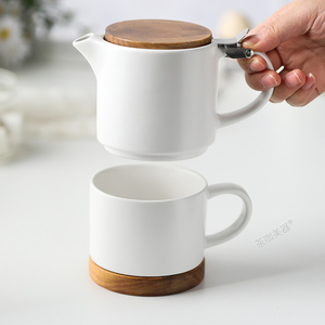 茶咖美器木盖陶瓷子母壶白色黑色哑光茶杯带把手不锈钢过滤胆茶壶
