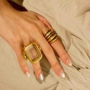 法式复古方糖天然石水晶戒指小众设计粉色夸张中古vintage扳指戒