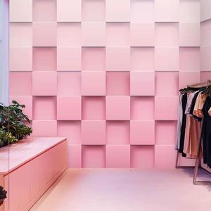 3D立体几何墙布北欧粉色渐变格子壁纸美容院服装店美甲店背景墙纸