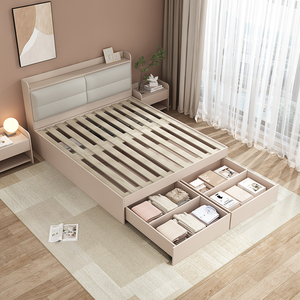 定制榻榻米床现代简约板式床定向轮抽屉一抽到底储物床单人高箱床