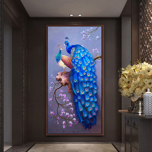 新中式紫气东来孔雀手绘油画玄关装饰画客厅紫色高端比翼双飞挂画