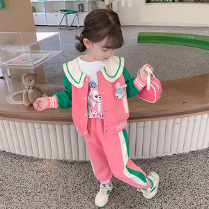 女童秋装套装2024春秋季新款韩版宝宝休闲外套时髦儿童运动两件套