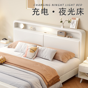 奶油风白色实木床简约现代双人床主卧1.8米1.5米小户型高箱储物床