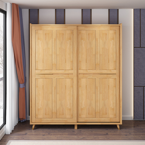北欧日式实木衣柜大推拉两门小户经济型现代简约原木衣橱柜卧室
