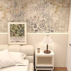 新中式风格复古竹叶植物叶子格子轻奢背景墙纸壁纸墙布壁布壁画