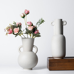 素烧系列花瓶白色陶瓷双耳大肚子花瓶欧式现代风家居摆件