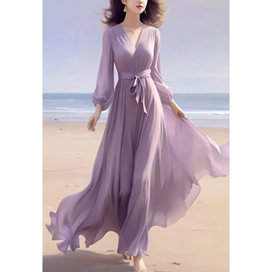茶歇法式别致绝美紫色雪纺连衣裙海边度假风超好看收腰仙女裙春夏