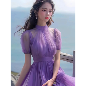 高端精致紫色短袖连衣裙设计感2024新款沙滩裙女海边度假超仙长裙