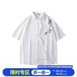 GSON衬衫短袖男今年流行新中式国风竹子男装夏款宽松衬衣外套A