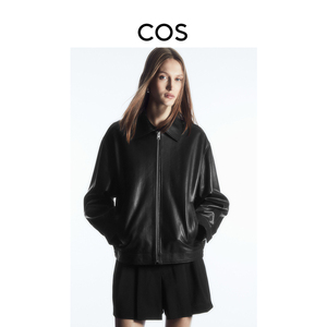 COS女装2023冬季新宽松尖领皮革夹克黑色皮衣拉链外套1191468001