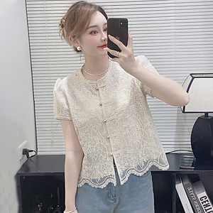 新中式国风蕾丝刺绣短袖衬衫女夏季洋气小香风雪纺小衫高级感上衣