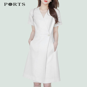 PORTS宝姿2024夏季新款气质白色西装设计感简约通勤纯色连衣裙