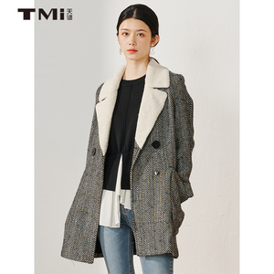 TMi天谜女装冬季上新韩版西装领人字纹大衣长袖呢子外套 184136