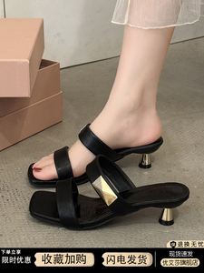 一字拖凉鞋女式夏季软皮细跟韩版中跟外穿凉拖鞋杏色气质‮达芙妮