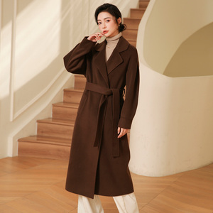 MQPI新款咖色双面羊绒大衣女中长款系带西装领高端羊毛呢子女外套