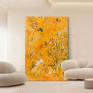 黄色花鸟图手绘油画客厅抽象艺术高级感装饰壁画玄关丙烯肌理挂画