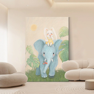 兔子大象手绘油画儿童房间卡通动物装饰壁画客厅玄关治愈系小挂画
