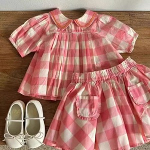 韩版2024夏新款套装女宝宝粉红色格子短袖儿童洋气上衣裙子两件套
