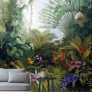 热带雨林墙纸客厅餐厅民宿树林背景墙壁画芭蕉叶手绘绿色植物壁纸