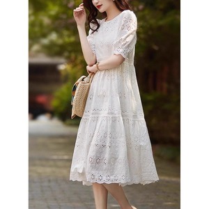 夏季新款高端白色纯棉法式连衣裙女洋气时尚简约收腰气质长裙子